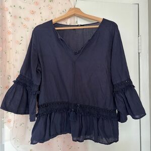 Navy Blue Boho Blouse with Bell Sleeves